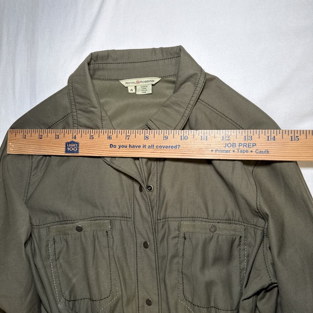 Royal Robbins Snap Front Shirt Dress Belted Olive Green 3/4 Sleeve Womens 4 EUC - Picture 3 of 13